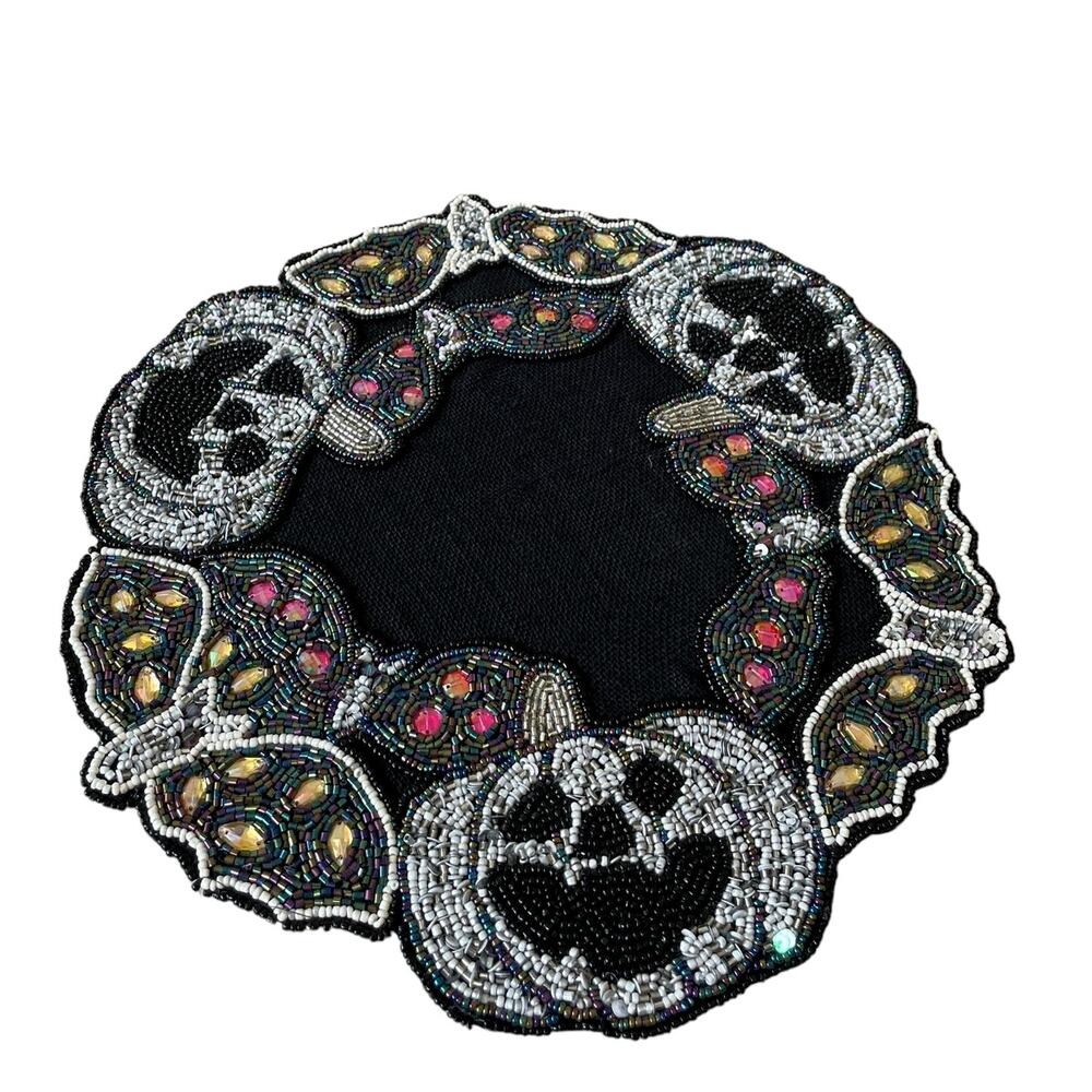 Tahari Halloween Beaded Placemat 15in BATS PUMPKINS Spooky Sparkle NEW - Picture 2 of 10